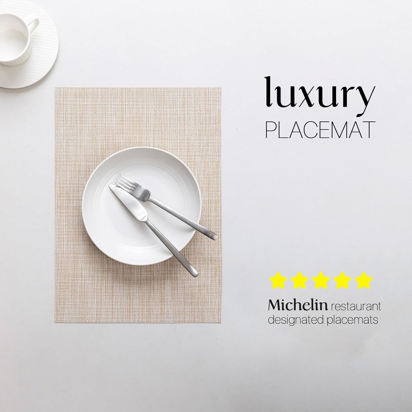 LEXMORE Placemats Set of 6 Vinyl/Plastic Woven Place Mats for Kitchen Table Indoor/Outdoor Washable Placemat Wipeable Dining Table Mats(A-Beige)