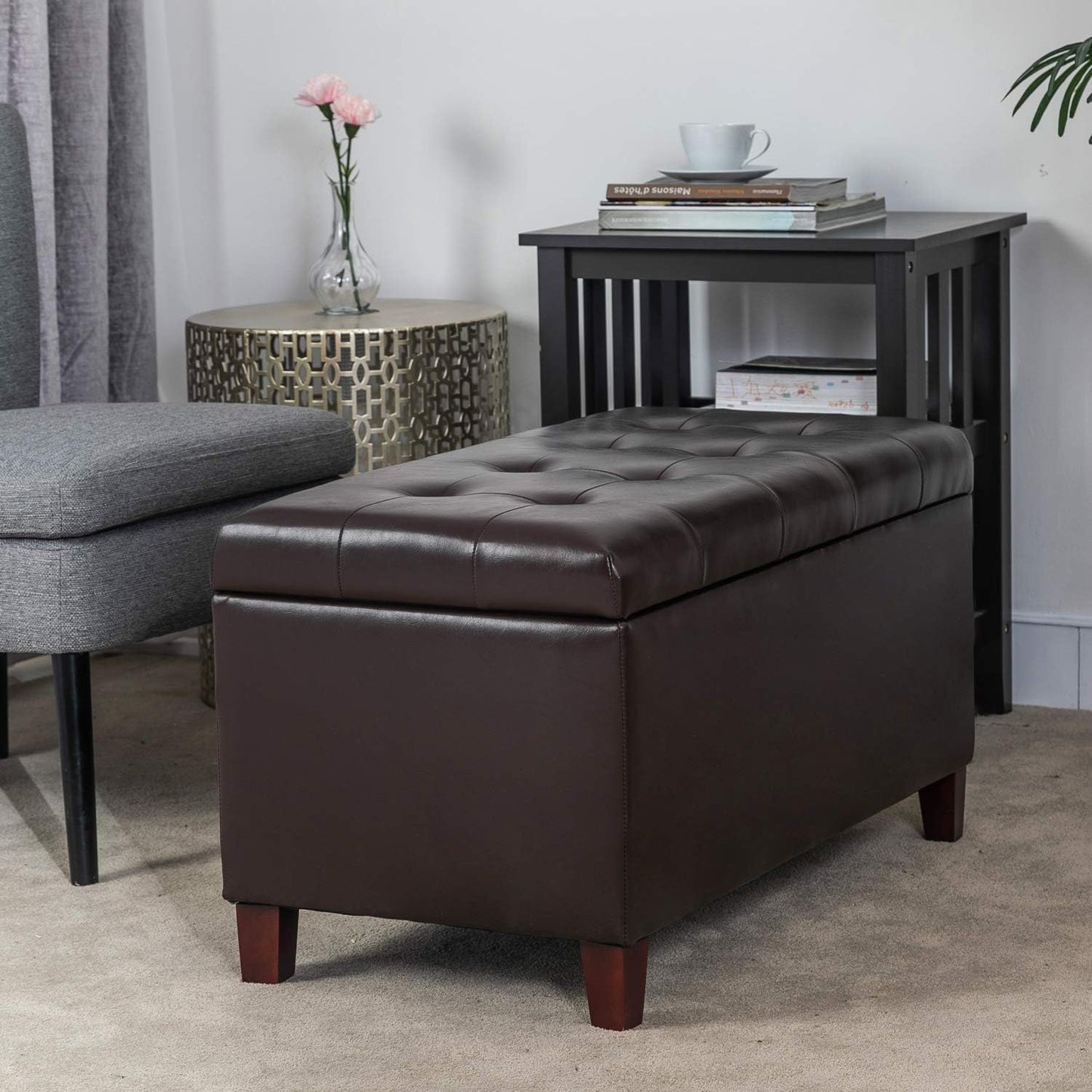 Asense Storage Ottoman Bench, Faux Leather Upholstered End of Bed Bench with Safety Hinge Wooden Legs, for Entryway Bedroom (Chocolate Brown, 33.3")