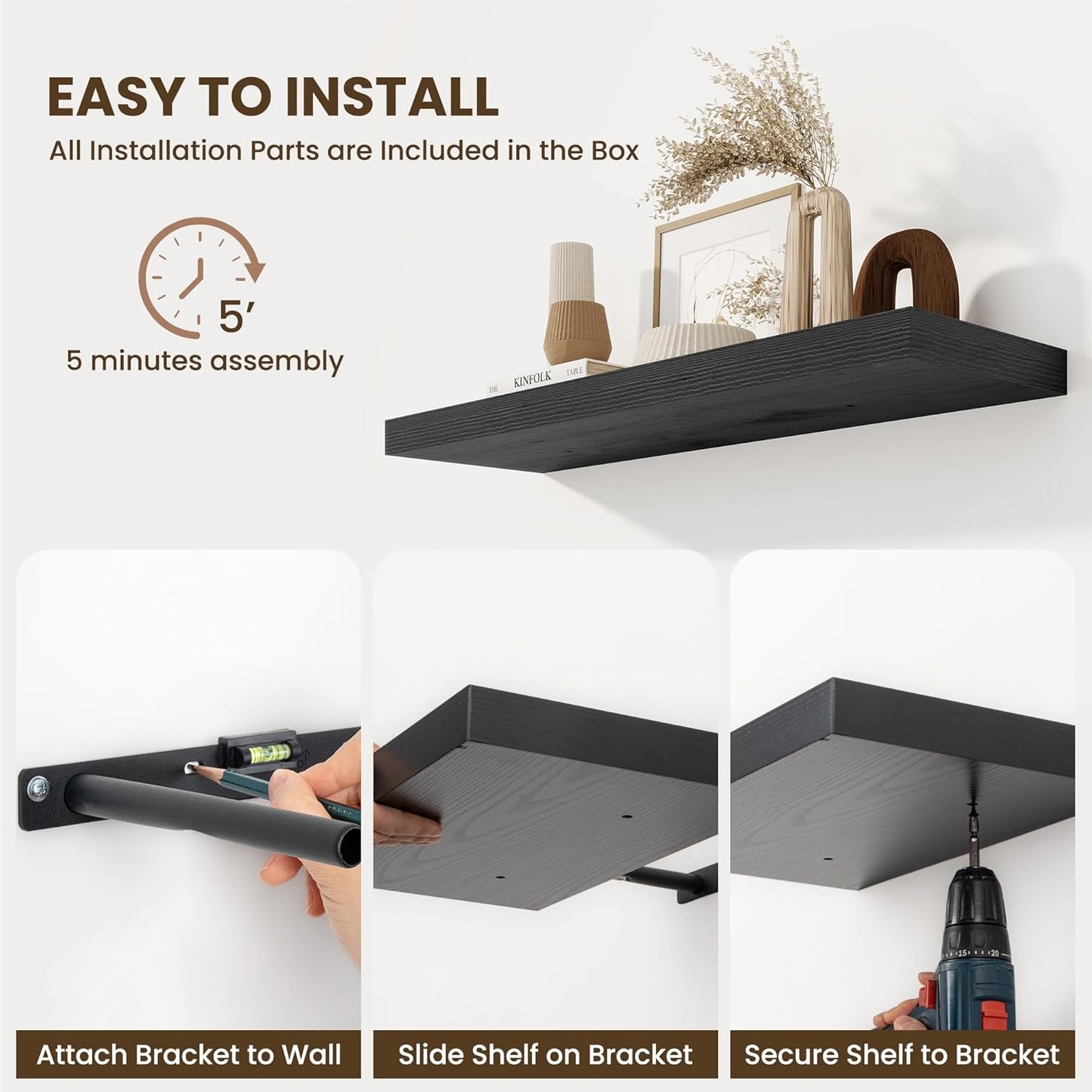 Fun Memories Floating Shelves for Wall 36 Inches, Wood Shelves with Invisible Bracket, 10" Deep Shelves Wall Mounted, Large Wood Floating Shelves for Living Room Bathroom, Black, Set of 2