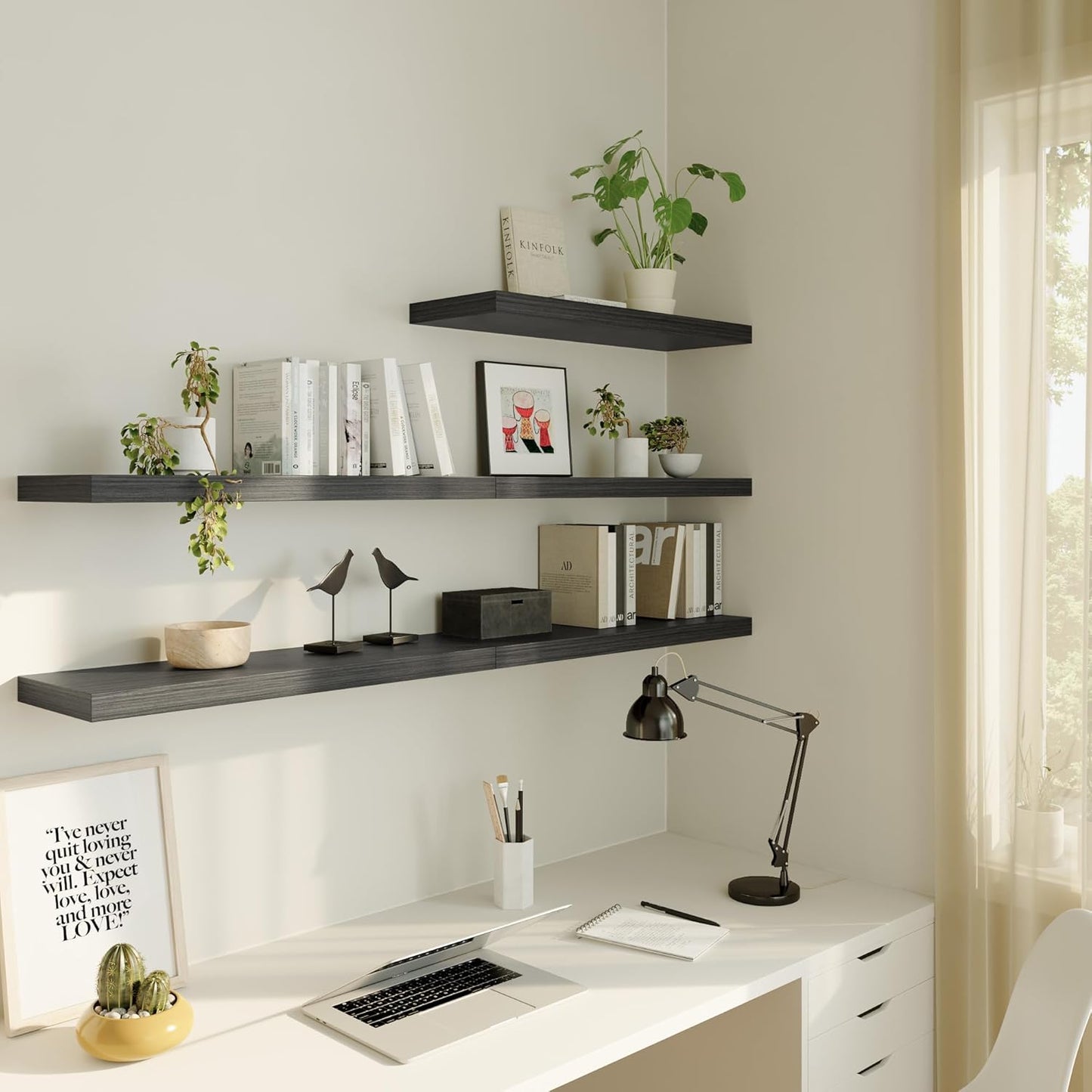 Large Floating Shelves for Wall Set of 3 Wooden Wall Shelves 24 in x 12.75 in x 2 in Room Decor Long Shelf with Invisible Wall Mount Bracket for Bedroom Kitchen Living Room Black Wood