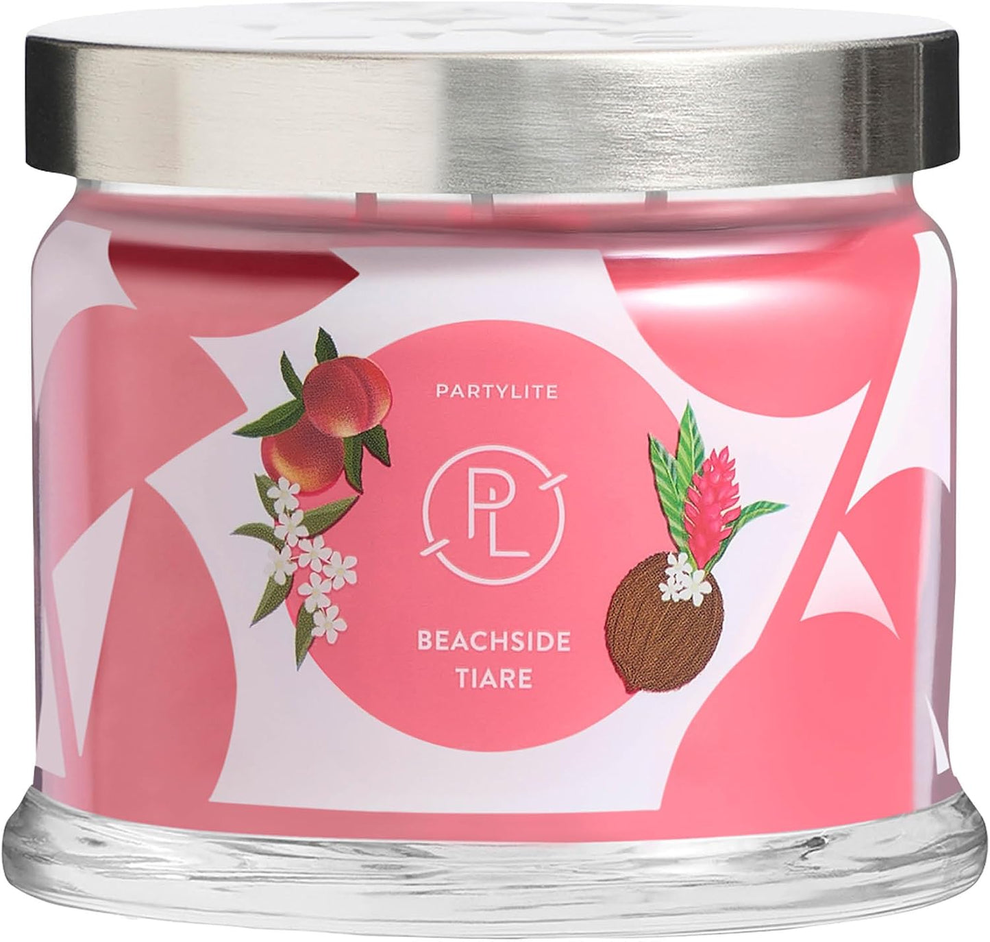 PartyLite Beachside Tiare Scented, Notes of Gardenia, Coconut, Red Hibiscus, Peach & Ylang Ylang, 13.2oz 3-Wick Jar Candle, 45 Hour Burn Time, Luxurious Fragrance, Ideal for Gifting