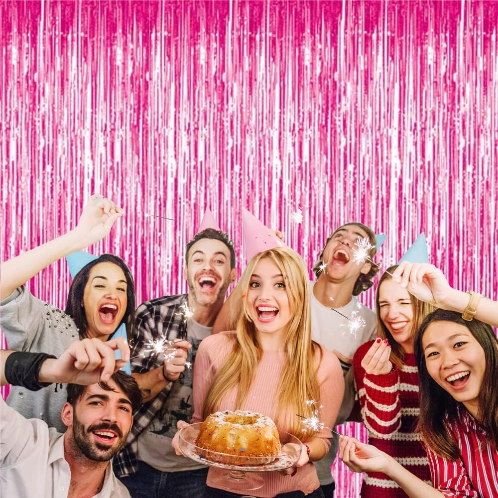 GOER 3.2 ft x 8.2 ft Metallic Tinsel Foil Fringe Curtains Party Photo Backdrop Party Streamers for Galentines Day,Birthday,Graduation,New Year Eve Decorations Wedding Decor (5 Packs,Hot Pink)
