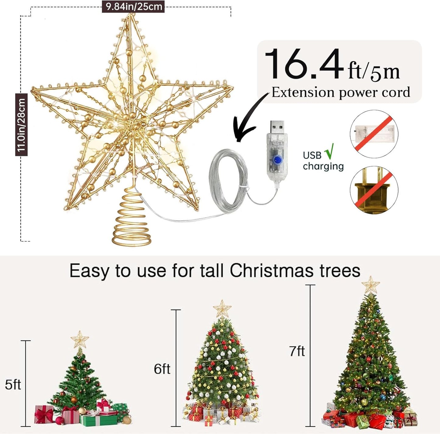 Christmas Tree Topper Star, 50 Warm LED Lights Star Tree Toppper with Glittered Pearl Beads for Christmas Tree Decorations and Xmas Holiday Seasonal Decor, Gold