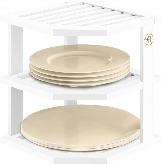 Cabinet Organizer Shelf - Bamboo Corner Rack for Kitchen Counter, Cabinet Space Saver for Plates, Dishes, Bowls, Bread Pantry, Bathroom Storage or Countertop Stand, White