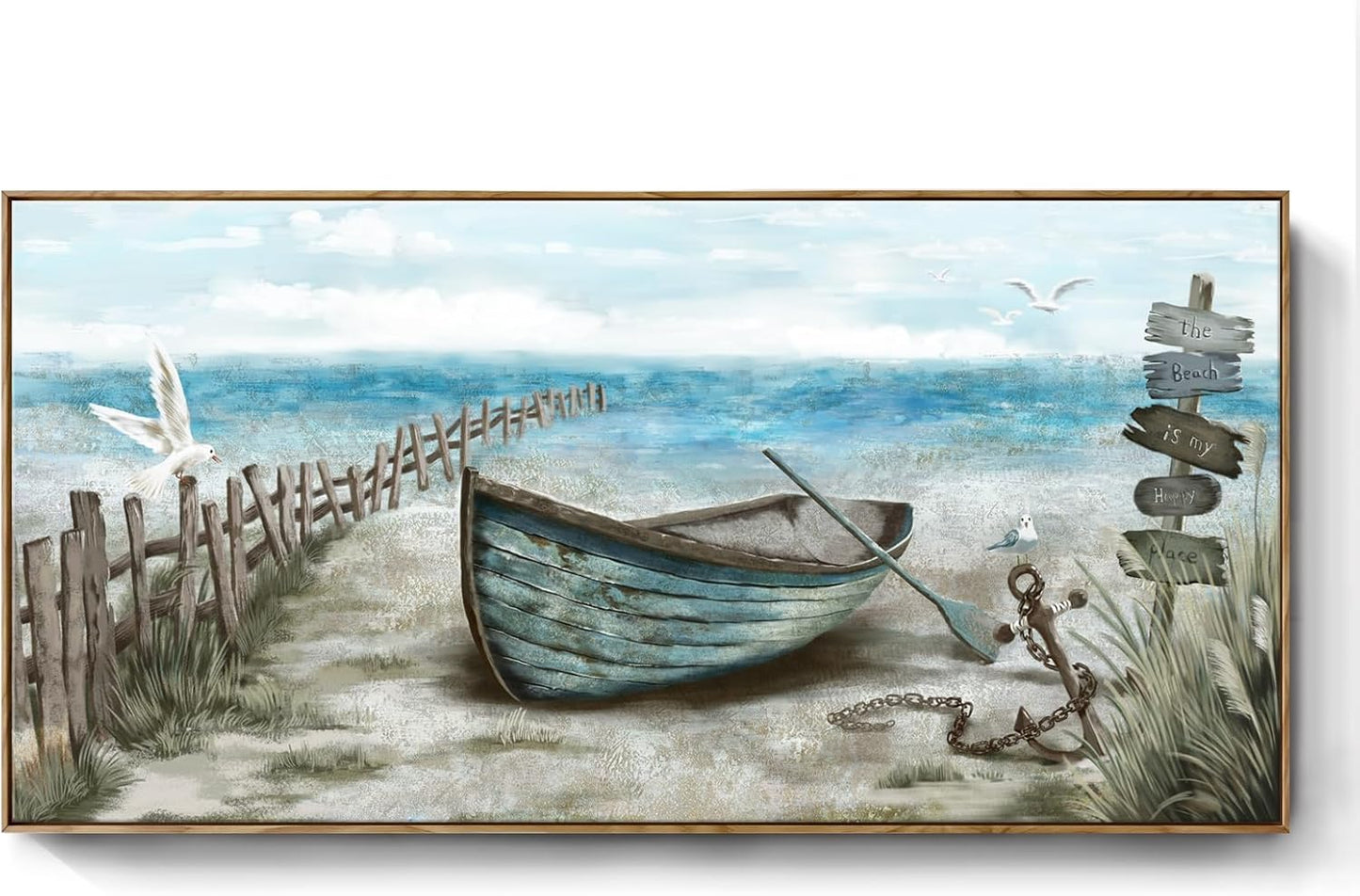 Extra Large Framed Wall Art for Living Room Coastal Décor Rustic Rowboat Canvas Print Big Beach Themed Painting Seagull Vintage Boat Sea Bird Artwork Oversized Blue Teal Seaside Ocean Picture for