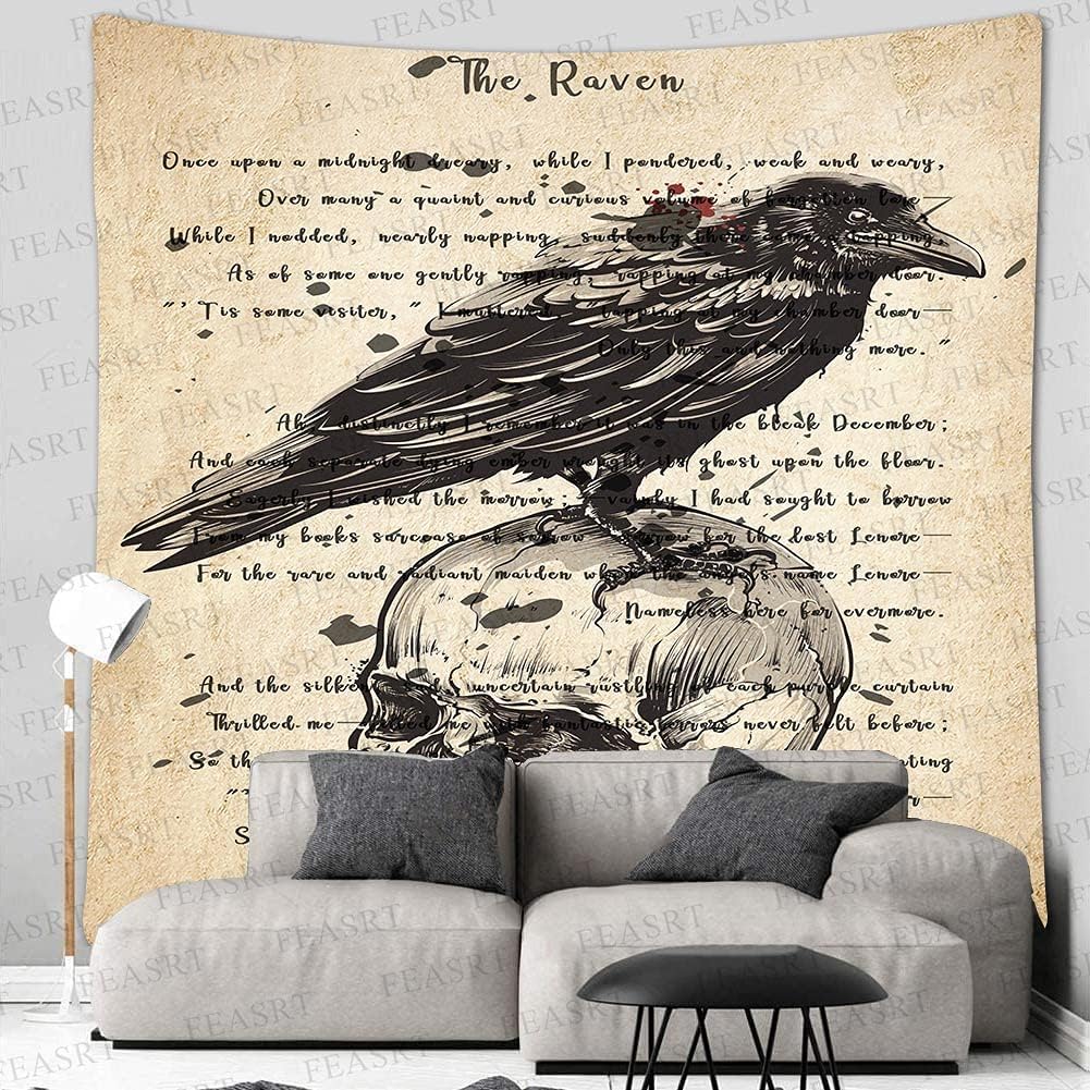 The Raven Tapestry Gothic Skull and Raven Dictionary Tapestry, Large 90x100 Inches Soft Flannelette, Ancient Raven Hymn Poster for Home Dorm GTQQAY1547