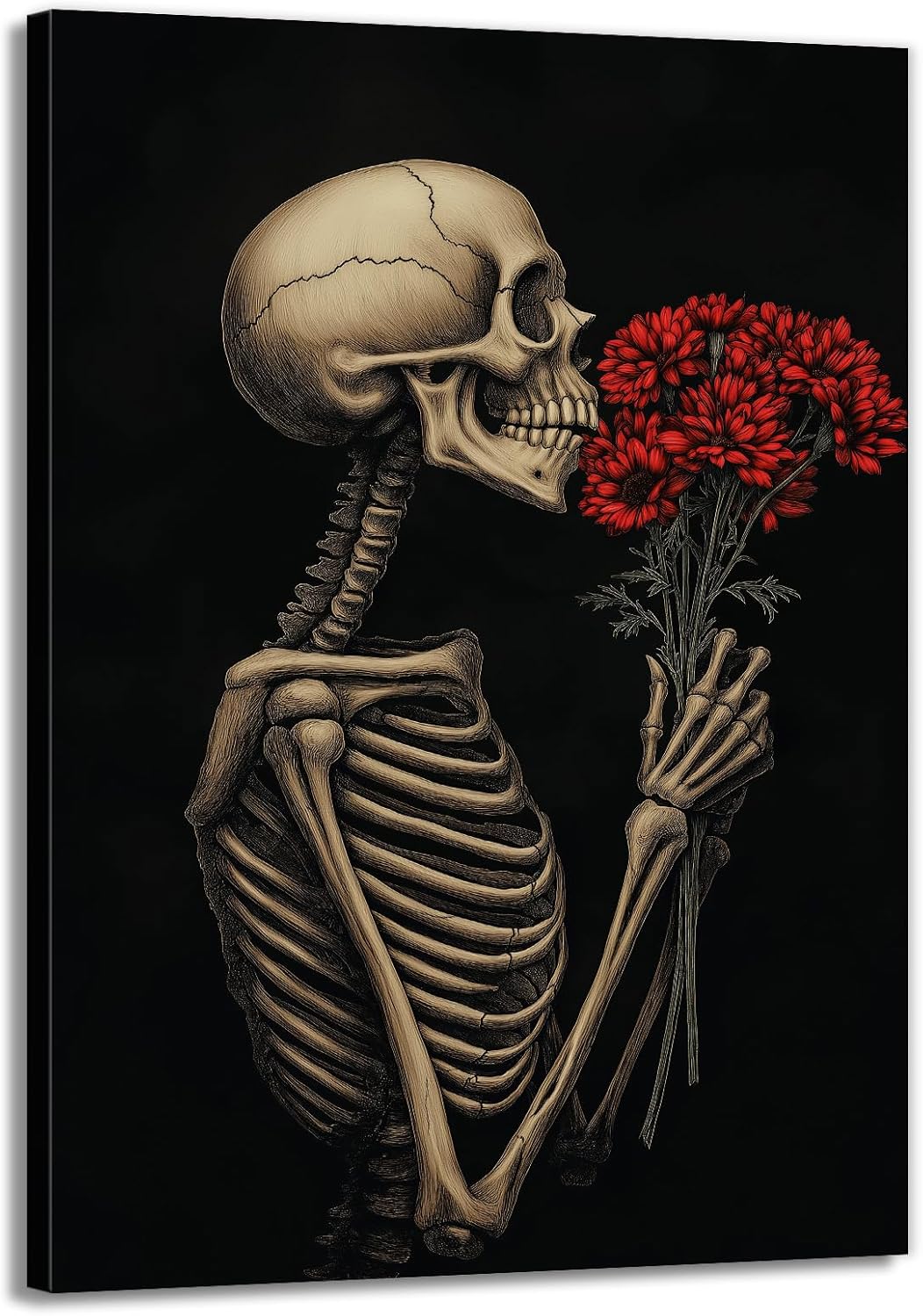 OAAPITI Red Rose Skull Wall Art Dark Themed Skeleton Painting Modern Artwork for Gothic Home Decor(Artwork-5,20"x30")