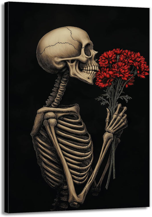 OAAPITI Red Rose Skull Wall Art Dark Themed Skeleton Painting Modern Artwork for Gothic Home Decor(Artwork-5,28"x42")