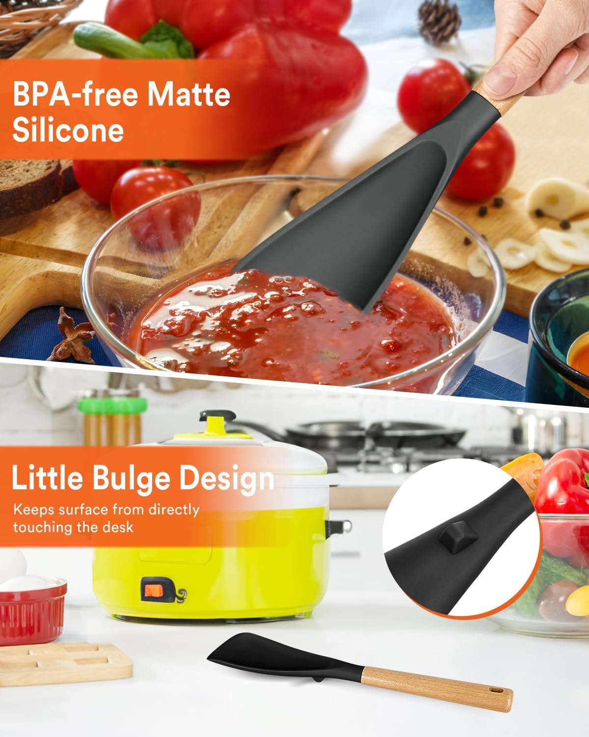 Cooking Spoon for Nonstick Cookwares, Great for Cooking and Serving Sturdy BPA-Free Matte Silicone, Wood Handle Spoon for Mixing, Scoop, and Scrape (Black & Grey, 13.4 inch)