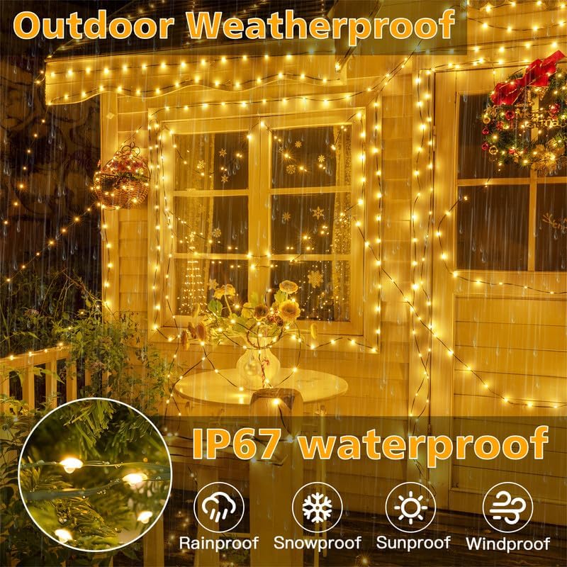 Ollny 198 FT 600 LED Outdoor Waterproof Plug in Christmas Tree Lights with 8 Modes Remote Timer, String Lights for House Yard Outside Indoor Xmas Decorations Warm White