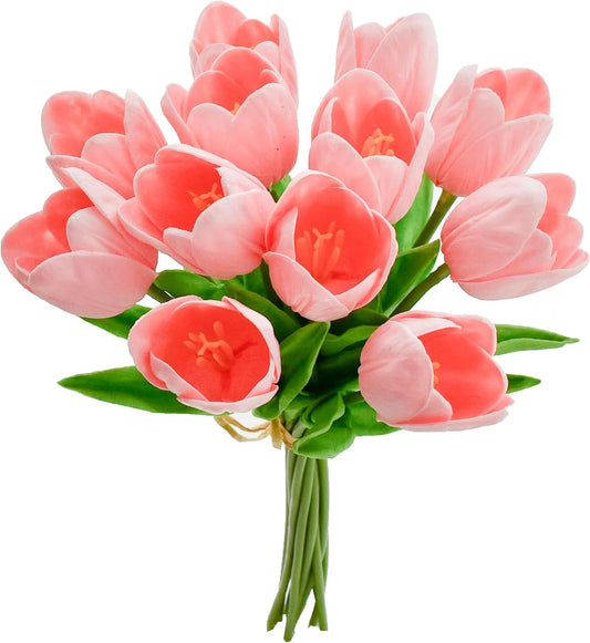 Mandy's Artificial Tulips 12 Stems Light Pink Partially Open PU Faux Flowers for Wedding Home Decor 13.5 Inch