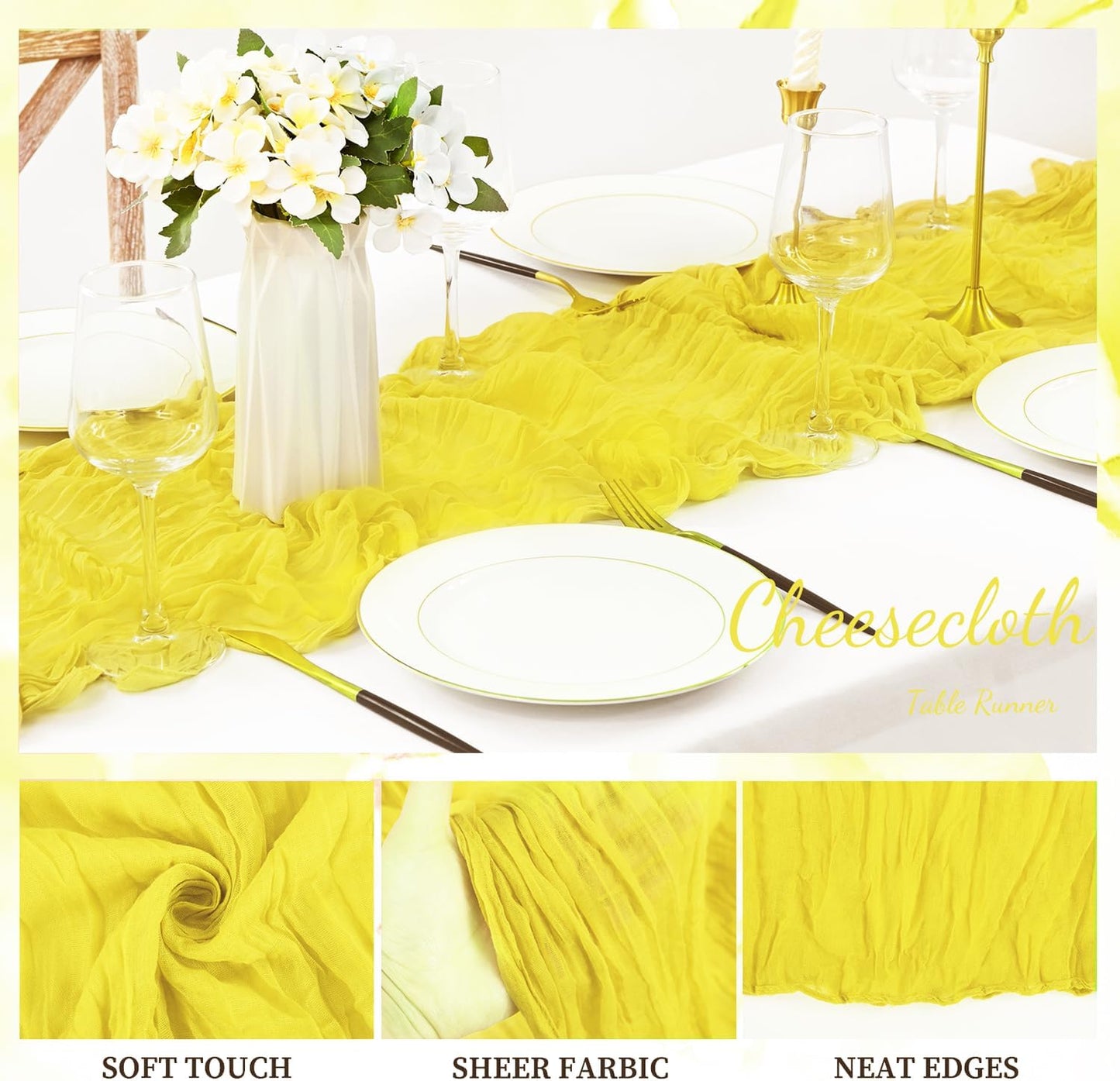 12 Pack Yellow Cheesecloth Table Runner 20 x 120 Inch Long Rustic Gauze Cheese Cloth Table Runner for Wedding 10FT Bridal Baby Shower Table Decorations Boho Fabric Sheer Birthday Party Table Decor