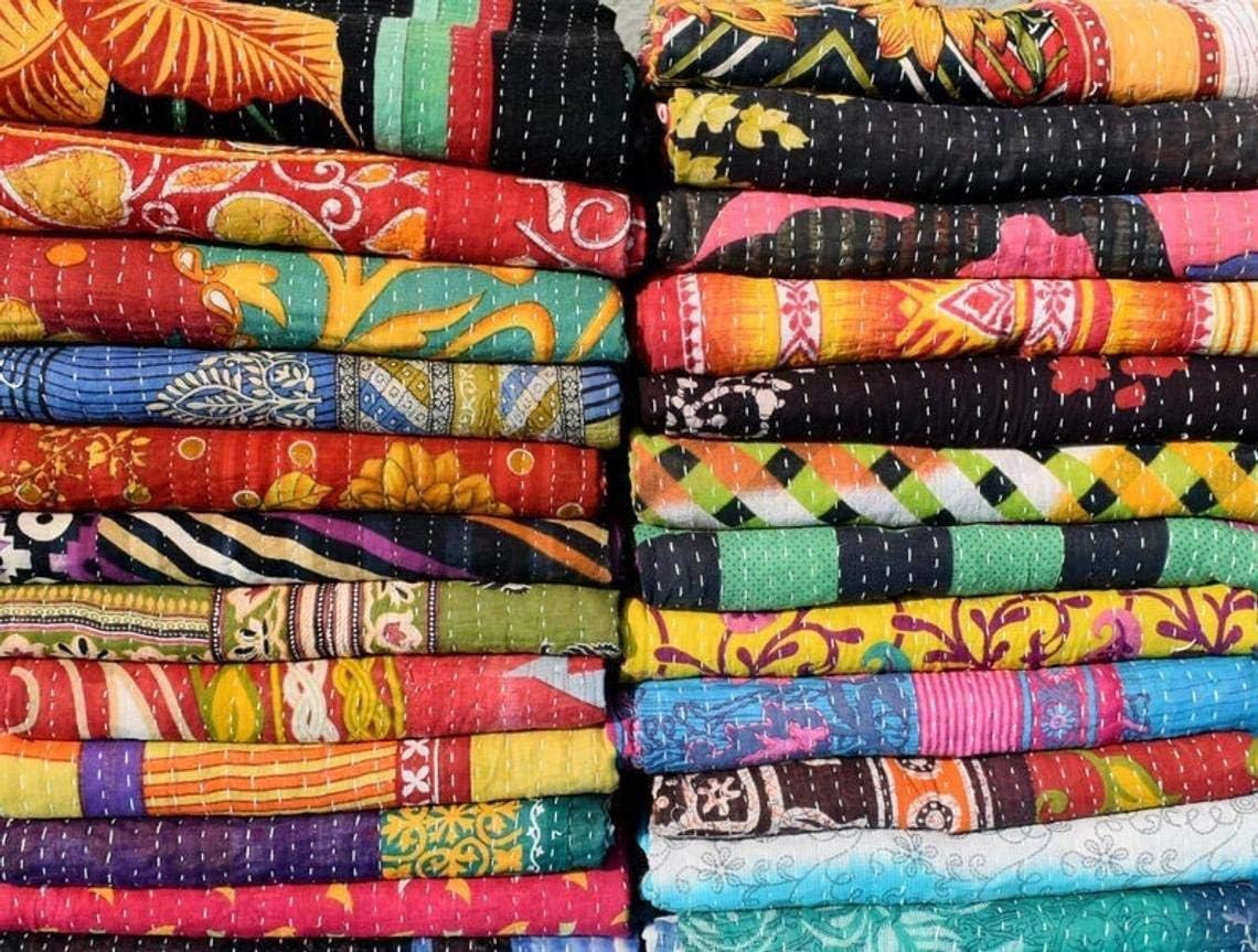 Wholesale Mix lot Tribal Kantha Quilts Vintage Cotton Bed Cover Sari Throw Old Assorted Patches Rally (3)