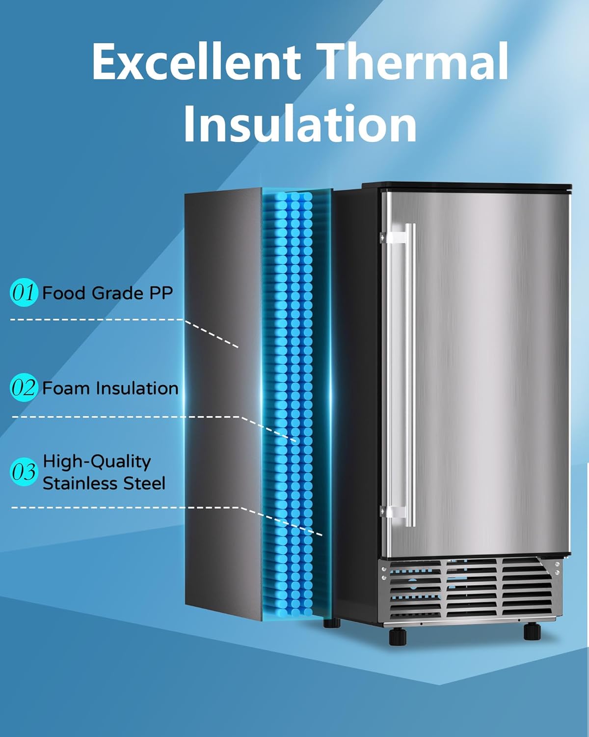 Commercial Ice Maker Machine Reversible Door 120LBS/Day, Undercounter Ice Makers 30LBS Storage Bin and 40 Ice Cubes, Icemaker Machine Brushed Metal with Water Line, Ice Scoop