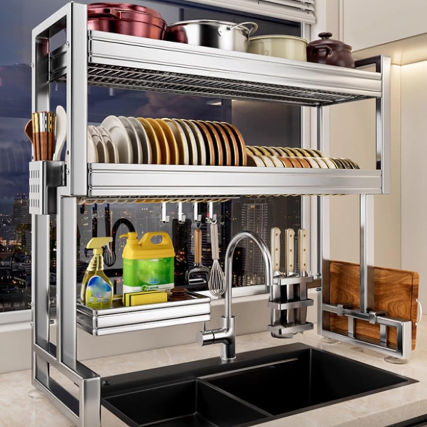 Kitchen Sink Rack Sink Above The Dish Drain Dish Washing Rack Stainless Steel Multifunctional Dish Storage Rack,Over The Sink Drying Rack for Dishes(2,95cm/37.4in)