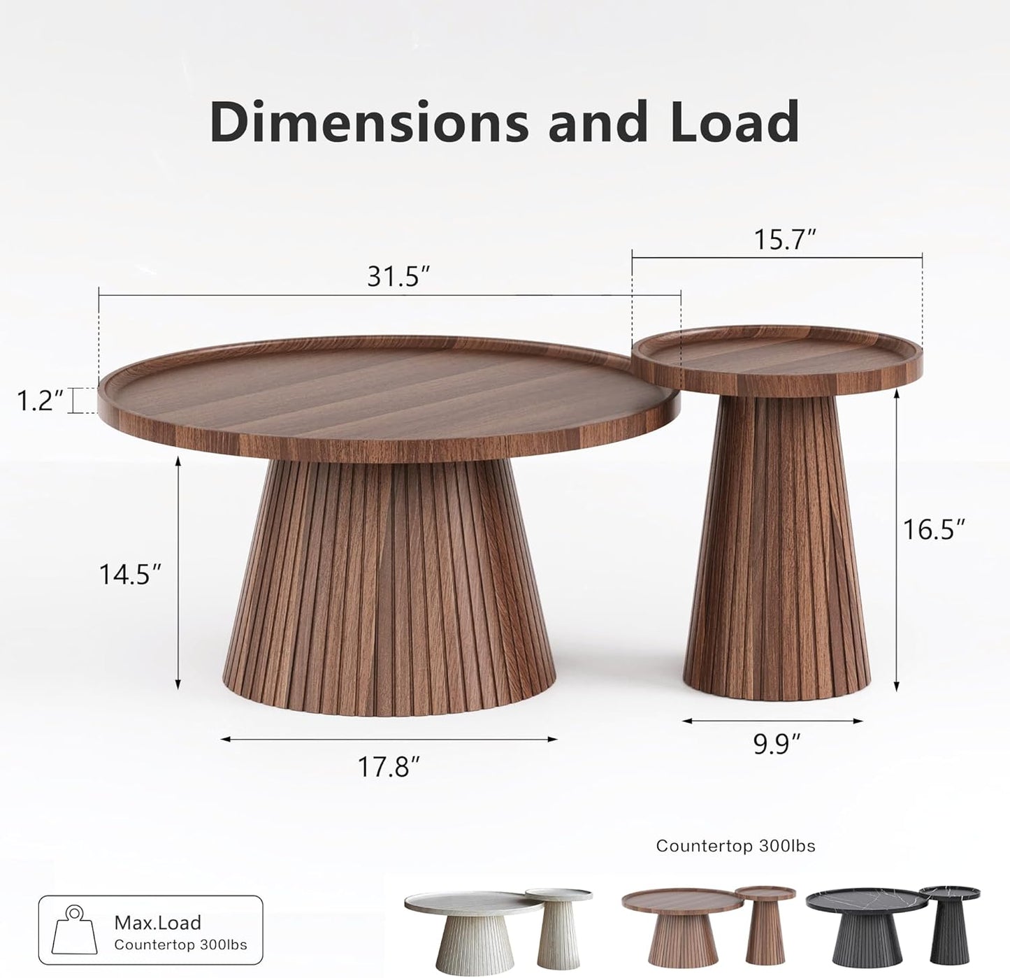win2win Nesting Coffee Table Set of 2, Mid Century Modern Coffee Table with Wood Grain Veneer, Fluted Round Tea Table and End Table Set, Minimalist Center Tables for Living Room, Office, Walnut