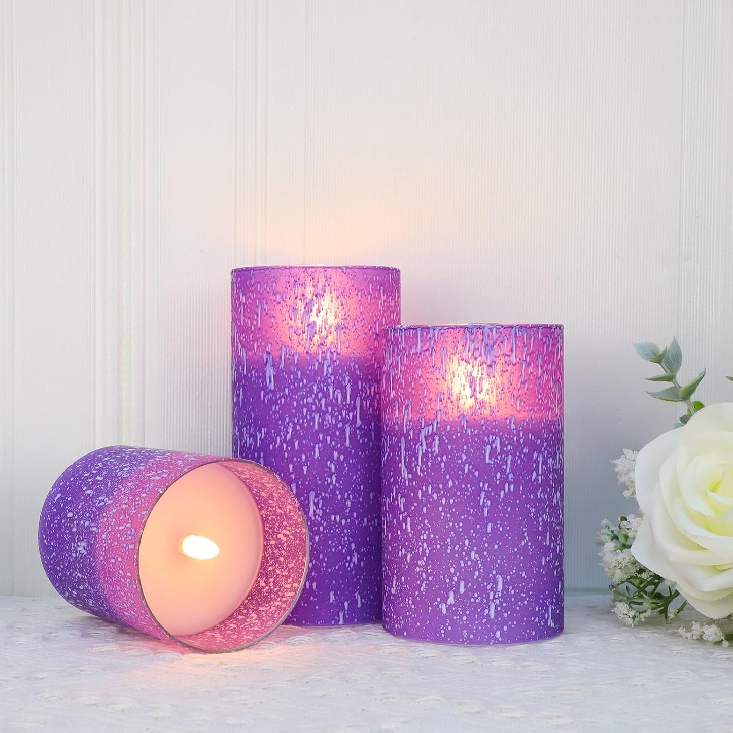 Purple Flameless Candles with Remote and Timer, Flickering Real Wax Battery Operated Candles, Set of 3 LED Pillar Candles for Halloween Christmas Wedding Home Decor