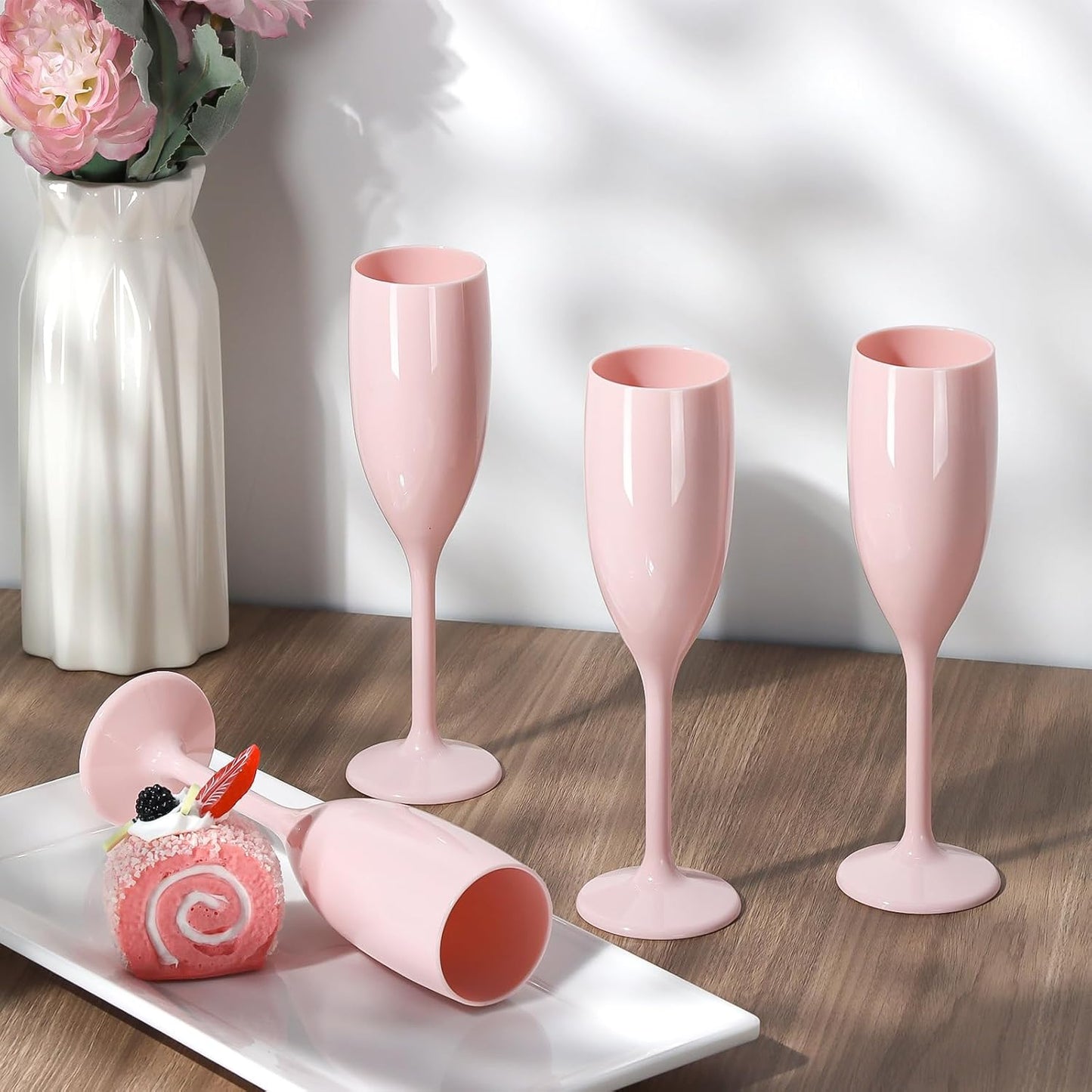 XUWAIDSGN Acrylic Champagne Flutes Toasting Glasses Unbreakable Mimosa Bar Reusable Wine Glasses Vintage Champagne Flutes Stemmed Drinking Cups 5.4 OZ for Christmas Birthday (100, Pink)