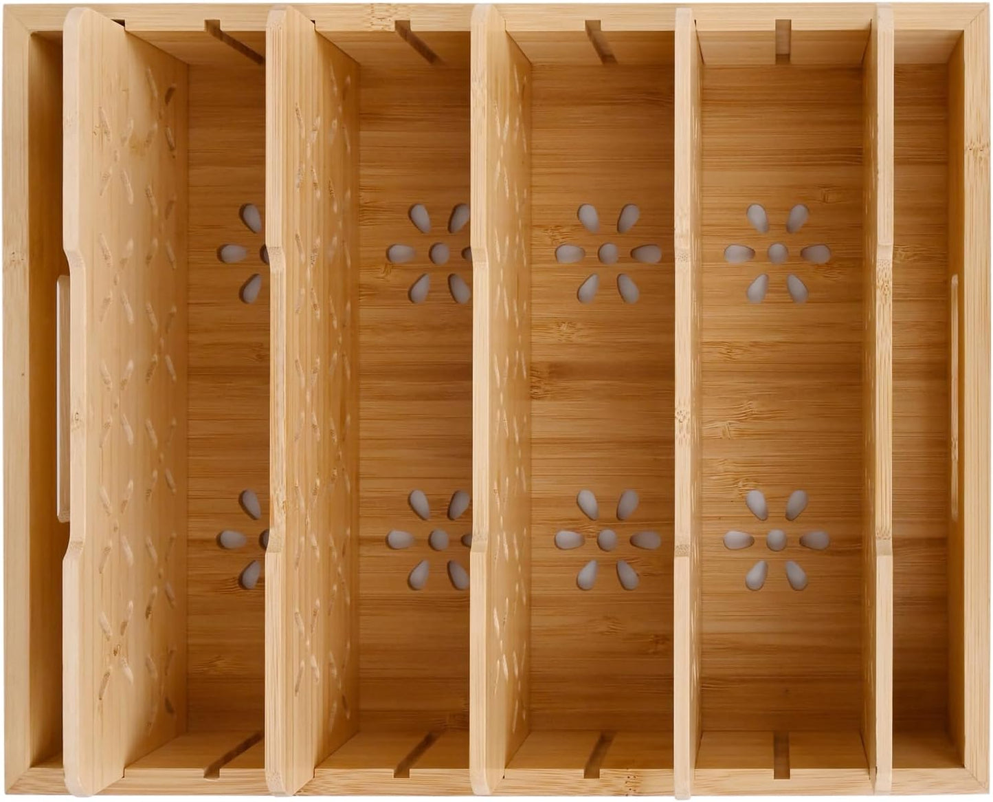 Natural Bamboo Storage Tray with 5 Custom Dividers, Deep Drawer Organizer for Kitchen, Small Cabinets, Home Office & Living Room