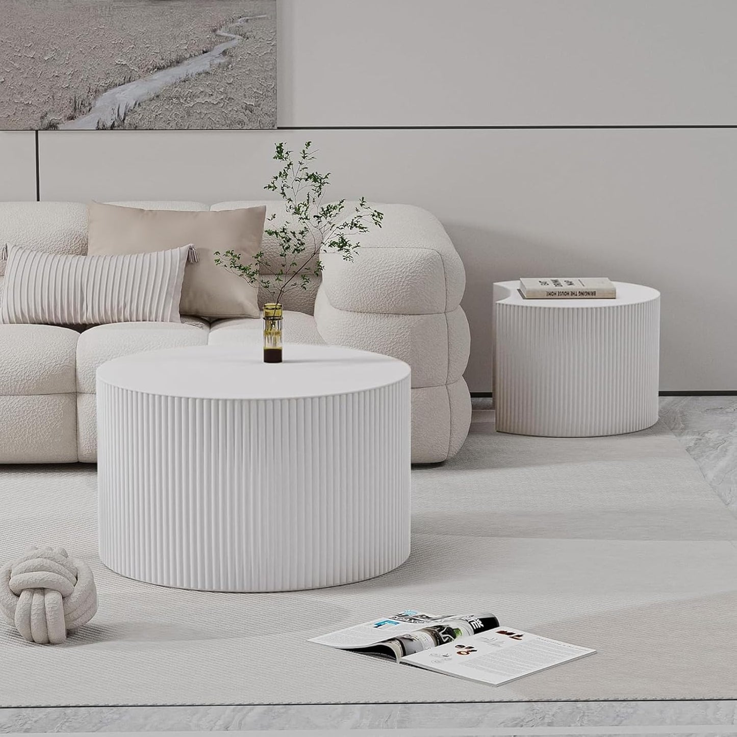 Nesting Coffee Table Set of 2 Modern Handcraft Fluted Coffee and End Table Sets Wooden Drum Small Round Side Table Minimalist Cream Center Tables for Living Room,No Assembly,Crescent Large