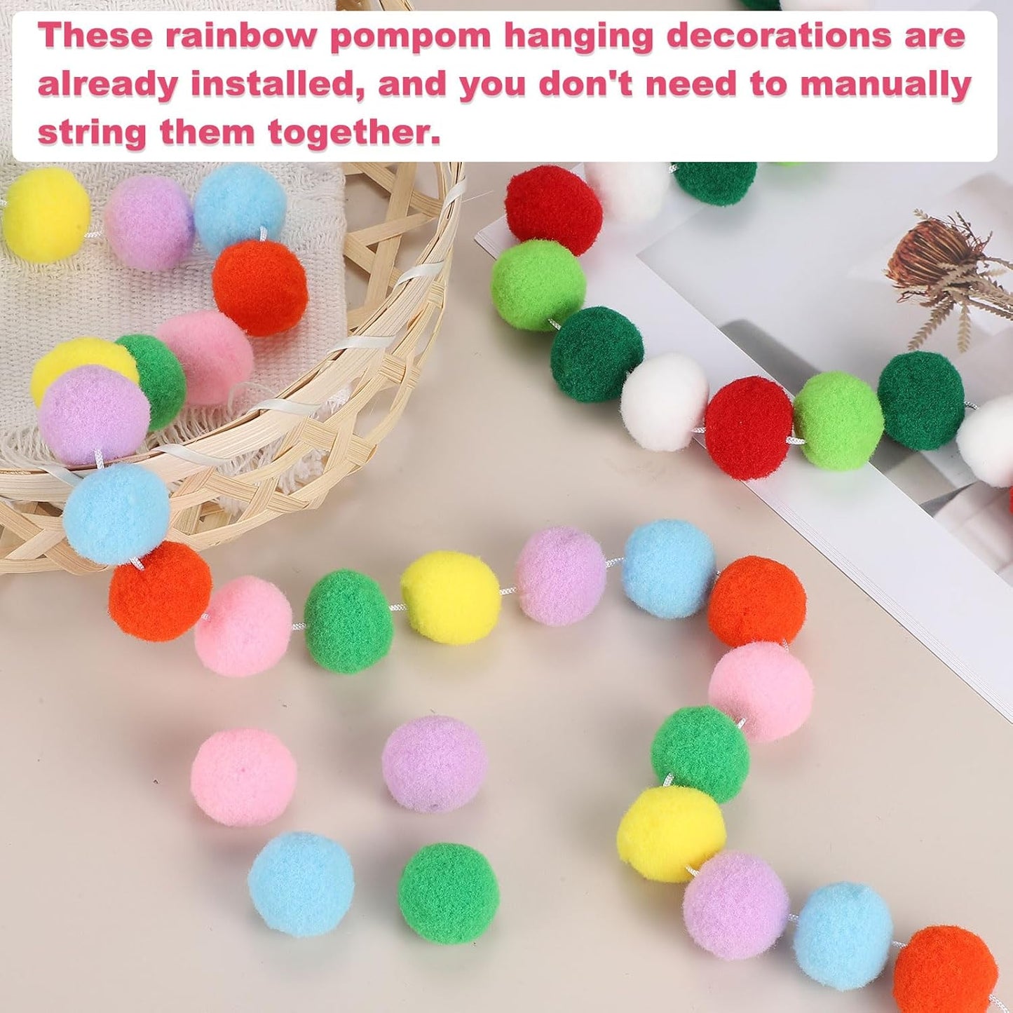 PATIKIL 13Ft Pom Pom Garland Decorations, 2Pcs Colorful Felt Ball Garland Banner Cute Rainbow Pompom Hanging Decorations for Tree Ornaments Homes Decor, Red/White