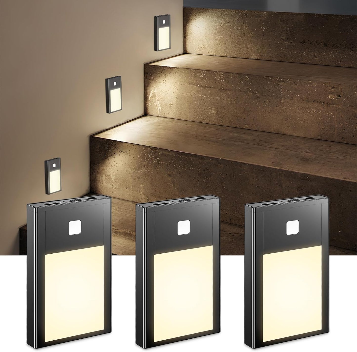 VST Motion Sensor Night Light, Rechargeable Battery Powered Led Light with Magnetic Suck Installation for Bedroom Hallway Stair Nursery Kids Room (2.68 inch 3000K 3Pack Black)