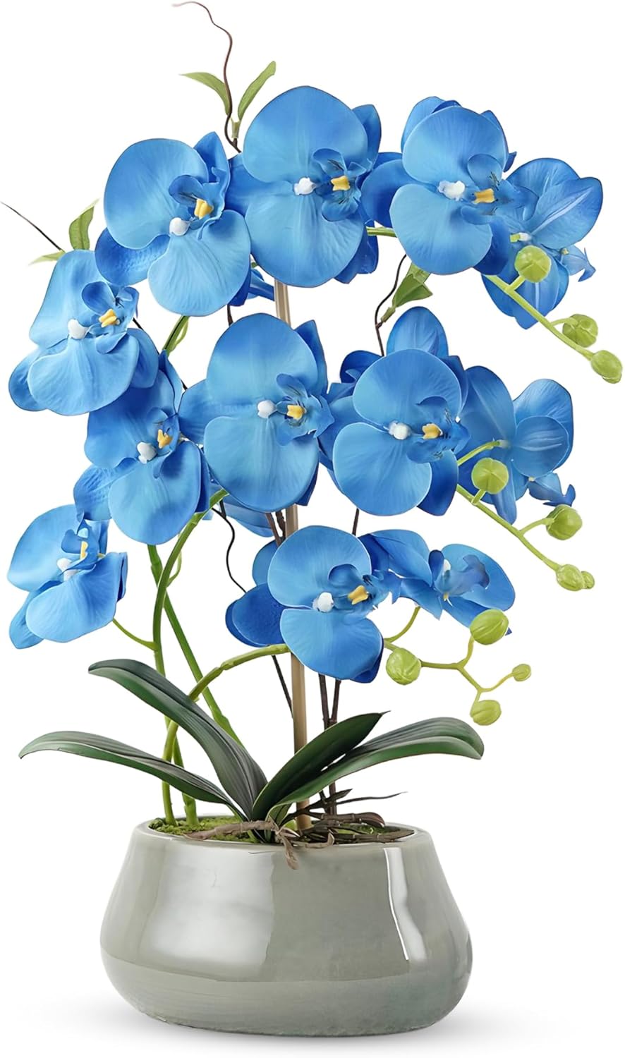 Orchid Artificial Flowers with Gray Vase Large Silk Faux Phalaenopsis Flowers for Dining Room Table Floral Centerpieces Indoor Decoration,Blue