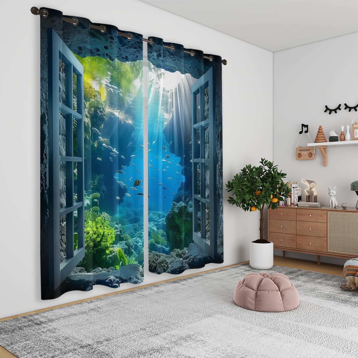 Ocean Fishs Blackout Curtains for Girls Boys Home Decor, Underwater Tropical Fish Undersea Coral Grommet Thermal Insulated Drapes Darkening Window Curtain for Bedroom Living Room, 72 x 63 Inch