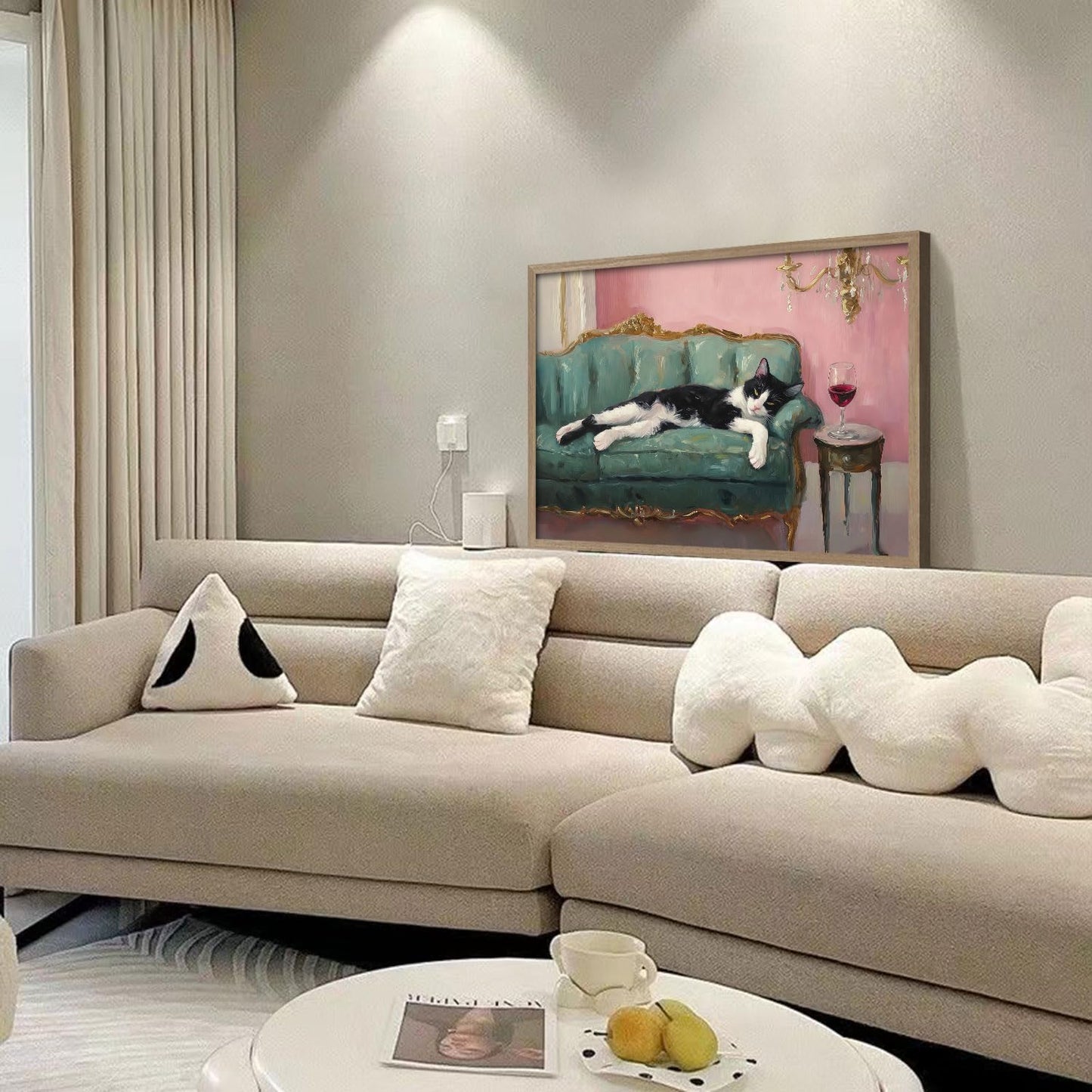 Wooden Framed Black And White Cat Wall Art Modern Style Canvas Print Lazy Persian Cat Poster Picture Decoration Painting Gallery Style Artwork Suitable For Living Room Bedroom Decoration 16x24 Inch