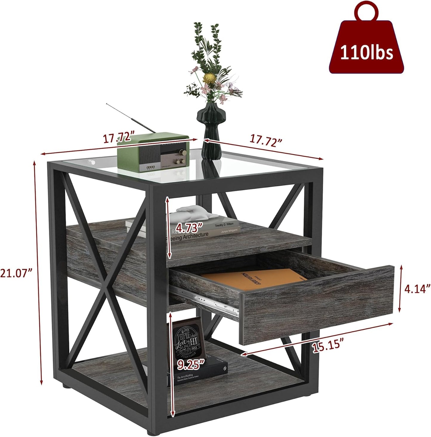 Farmhouse End Table, Modern Side Table with Drawer&3-Tier Storage Shelf, Square Rustic Nightstand, Accent Tea Table, for Bedroom Office Living Room, Grey, Natural Wood, Glass, Metal