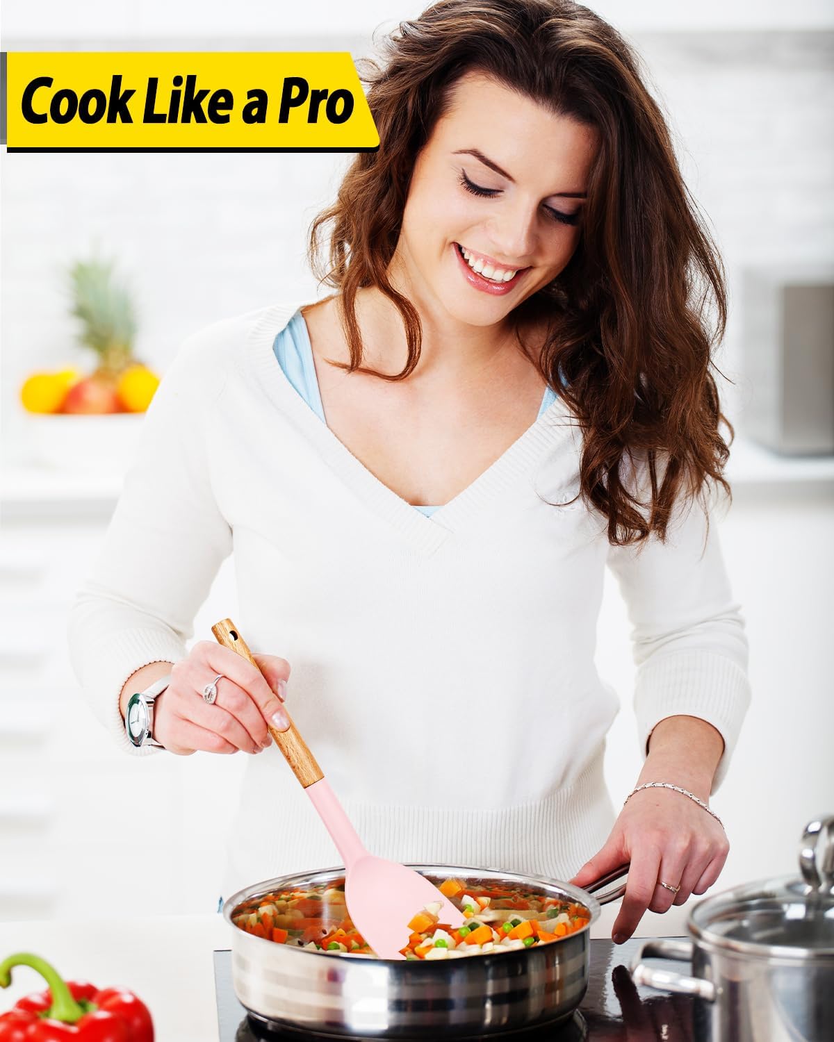 Pack of 4 Silicone Cooking Utensils Set, Non Stick Solid Spatulas and Heat Resistant Slotted Spoons with Wooden Handle, Ideal Wood Kitchen Utensils Set for Frying,Serving,Turning,Stirring (PINK)