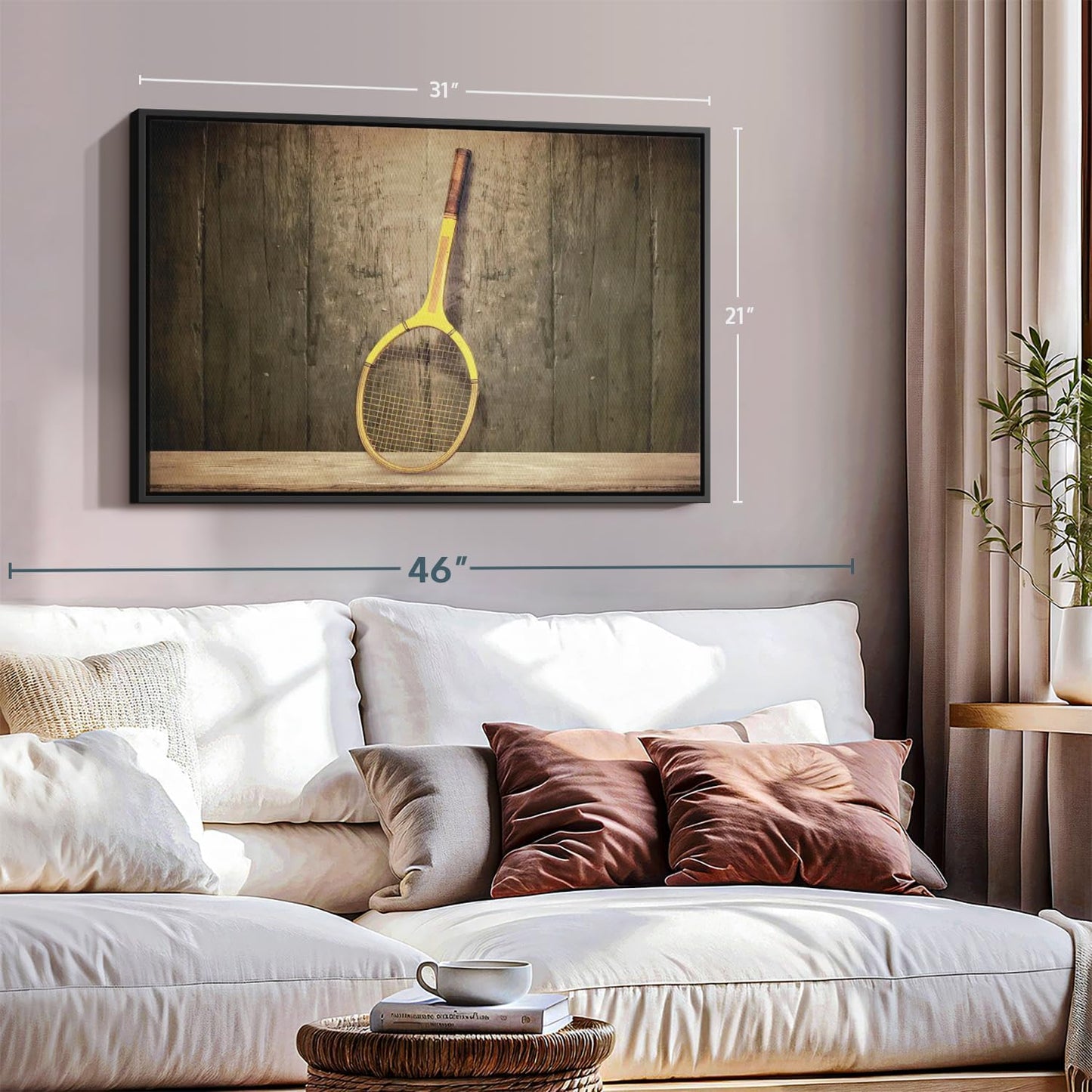 ElephantStock Vintage Tennis Racket Wall Art - Horizontal Framed Canvas - 1-Piece Living Room Wall Decor - Photography Sports Canvas Print - Brown and Black Decor for Wall - 31" X 21"