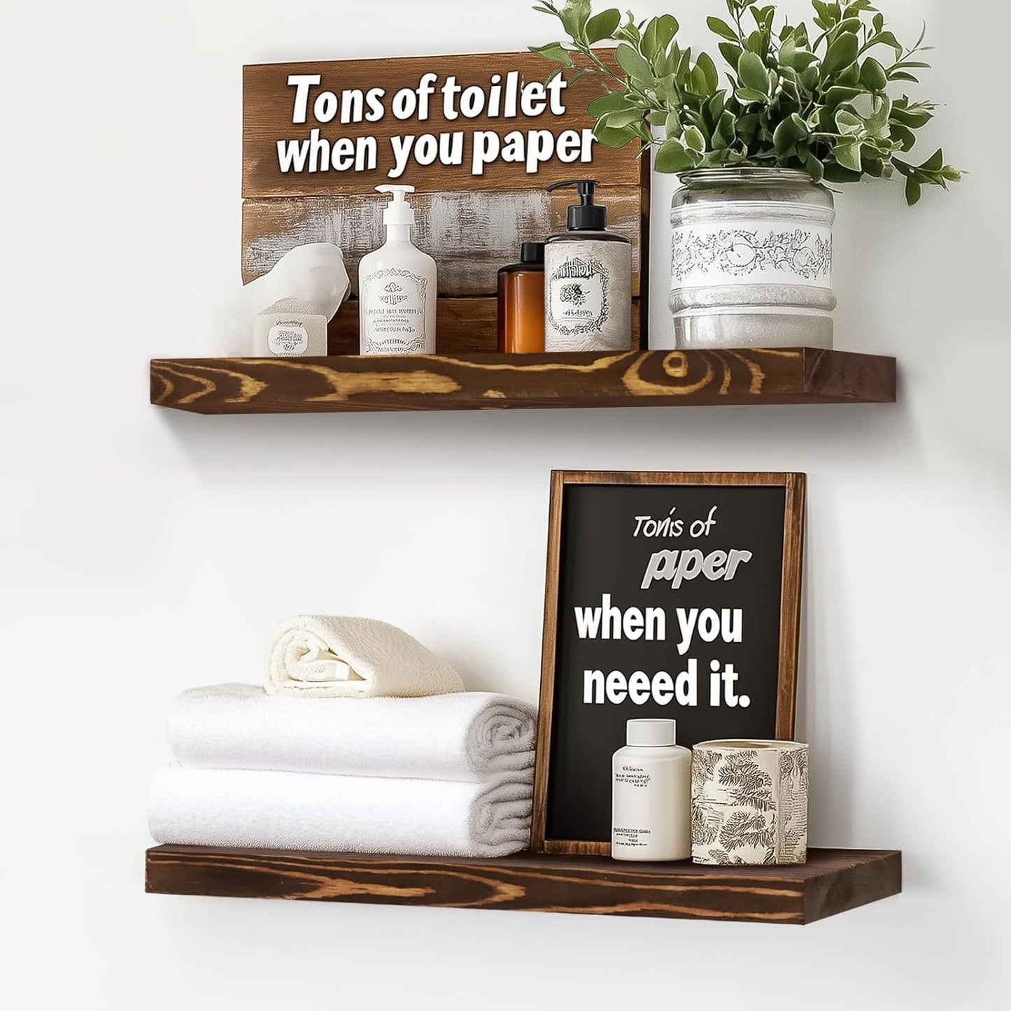 Floating Wall Shelves - 16"x6.8"x1.2" Sturdy Rustic Brown Solid Wood Shelves for Storage and Décor, Easy Installation for Living Room, Bedroom, and Kitchen - 2 Pack