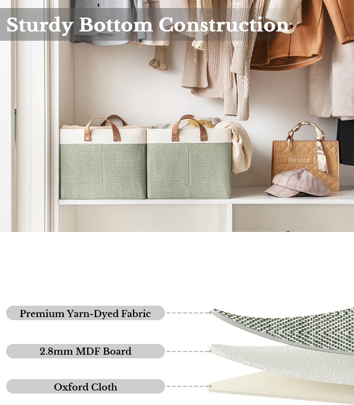 StorageWorks Storage Bins, Fabric Storage Bins for Shelves, Extra Large Storage Baskets with Metal Frame, Closet Baskets and Bins with Handles, Jumbo, Green and White, 2-Pack