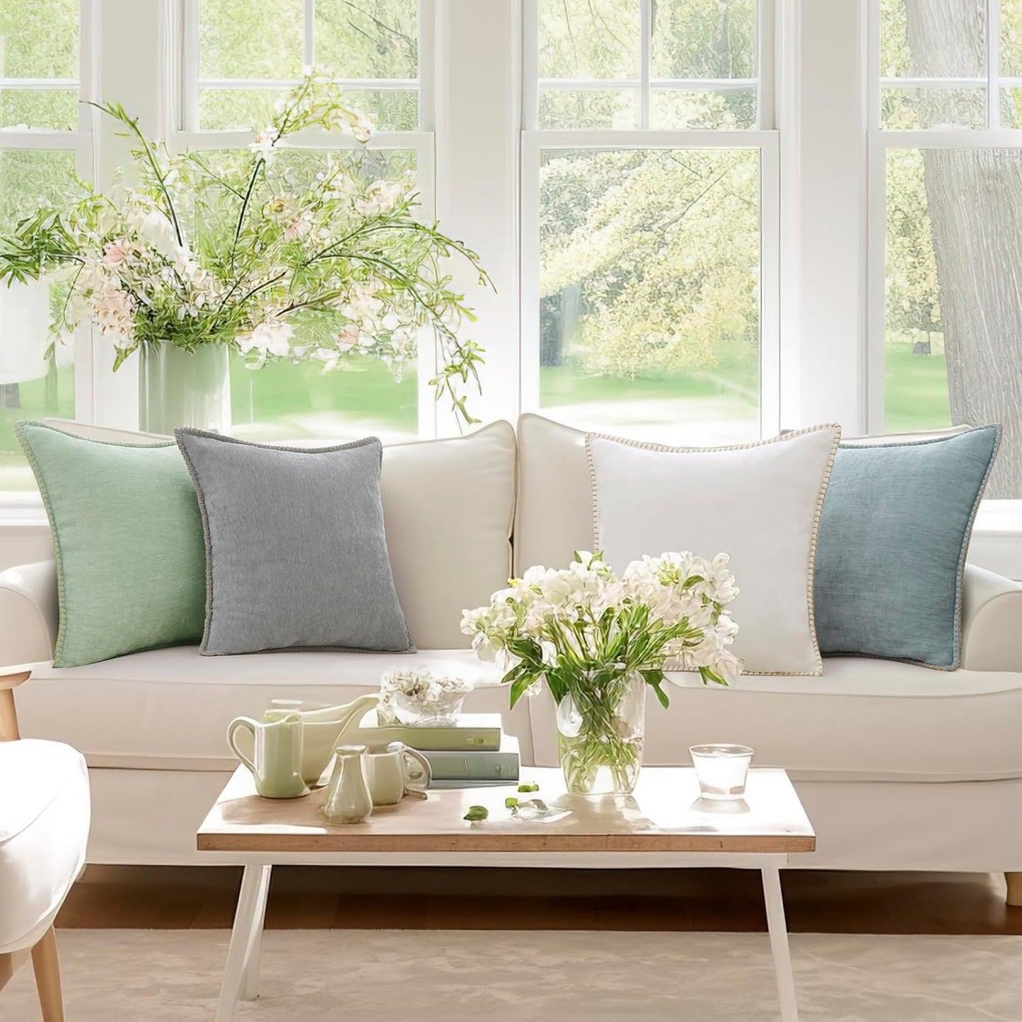 decorUhome Chenille Soft Throw Pillow Covers 18x18 Set of 2, Farmhouse Velvet Neutral Decorative Euro Pillow Covers with Stitched Edge for Couch Sofa Bed Home Decor, Neutral Gray