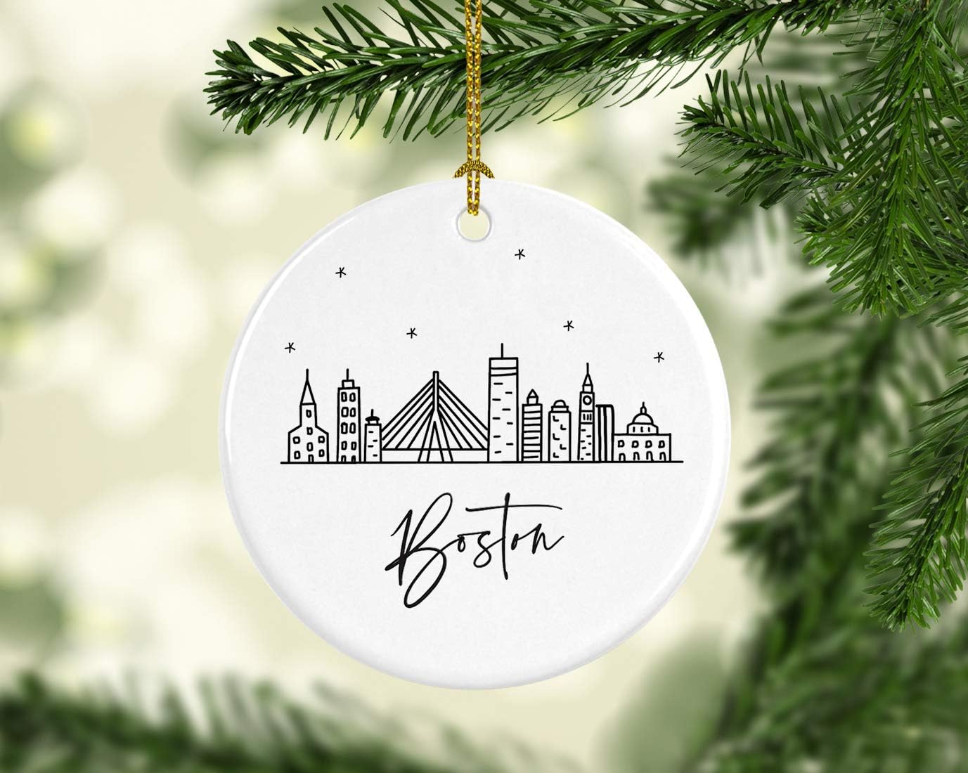 Andaz Press Round Ceramic Porcelain Christmas Tree Ornament Keepsake, Boston Black and White Stars City Skyline Graphic, 1-Pack, Birthday Gift Idea for Family, Coworker, Him, Her, Includes Gift Box