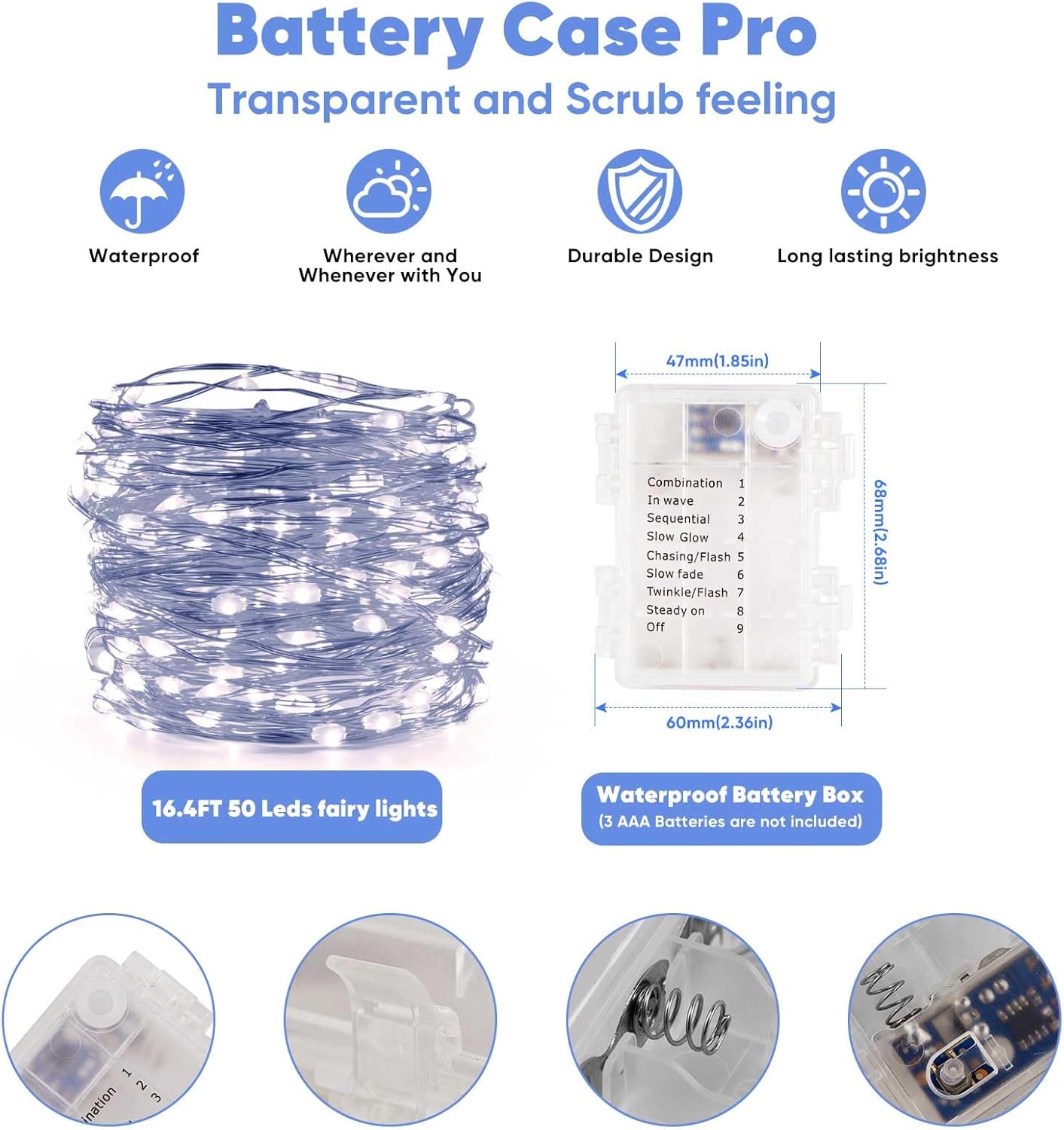 4 Pack 16.4 Ft. Battery Operated Outdoor String Lights with Remote & Timer, LED Cool White Fairy Lights, Waterproof Twinkle Lights for Bedroom, Dorm, Mason Jar, Wedding, Party, Christmas