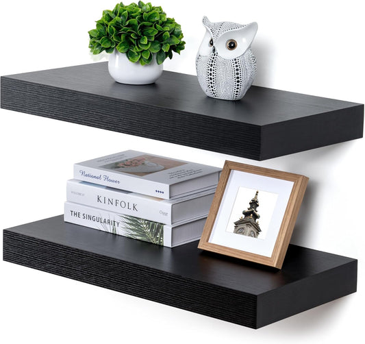 Deep Floating Shelves for Wall, 24W x 12D Black Floating Shelves Set of 2, 12'' Deep Large Wood Shelves for Living Room Bathroom Laundry Room Bedroom Kitchen Home Office - Black