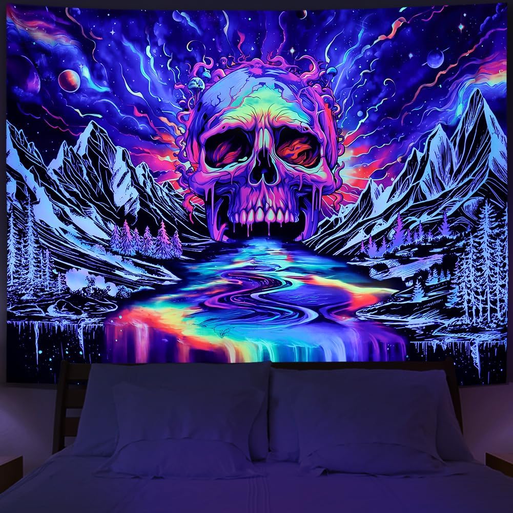 Blacklight Skull Tapestry UV Reactive Galaxy Mountain Planet Tapestries Magic Neon River Wall Hanging Aesthetic Skeleton Wall Decor Forest Trees Landscape Backdrop for Living Room