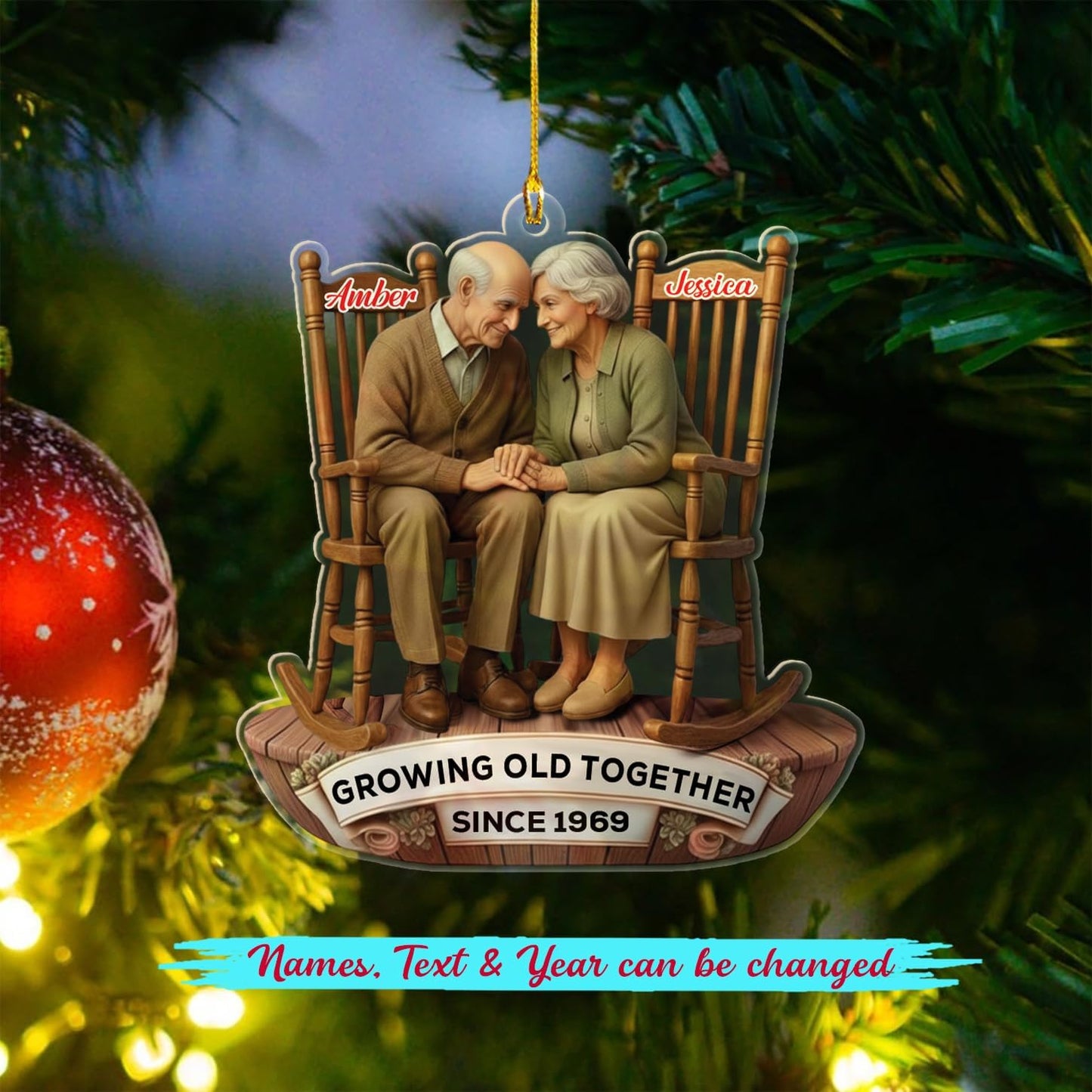 Custom Old Couple Sitting On Rocking Chairs Growing Old Together Since Christmas Ornament 2025, Personalized Year & Names Mr & Mrs Ornament Gift for Grandparents Grandpa Grandma/Husband Wife Dad Mom