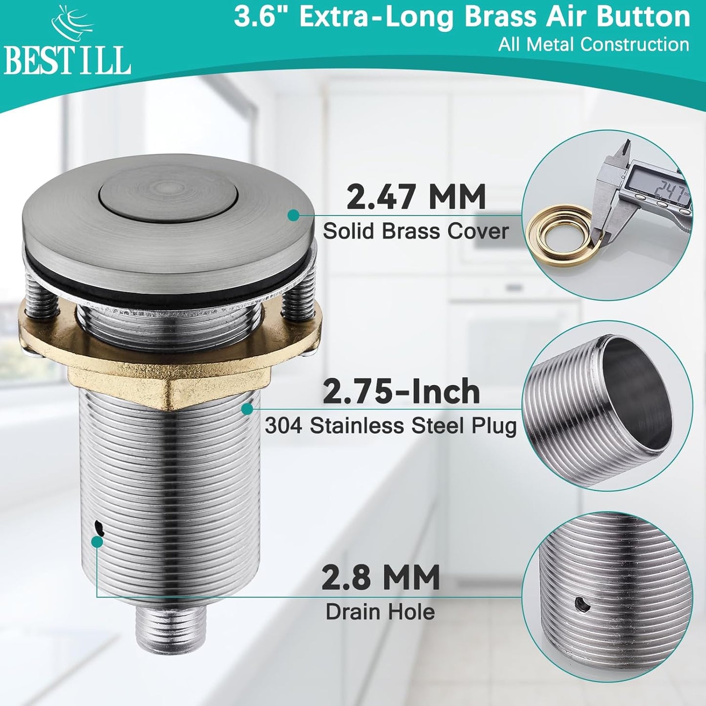 BESTILL Garbage Disposal Air Switch Kit - UL Listed, Brass 3.6" Long Push Button for Waste Disposer, Cordless Sink Top Switch Button, Brushed Nickel, Compatible with all Garbage Disposals