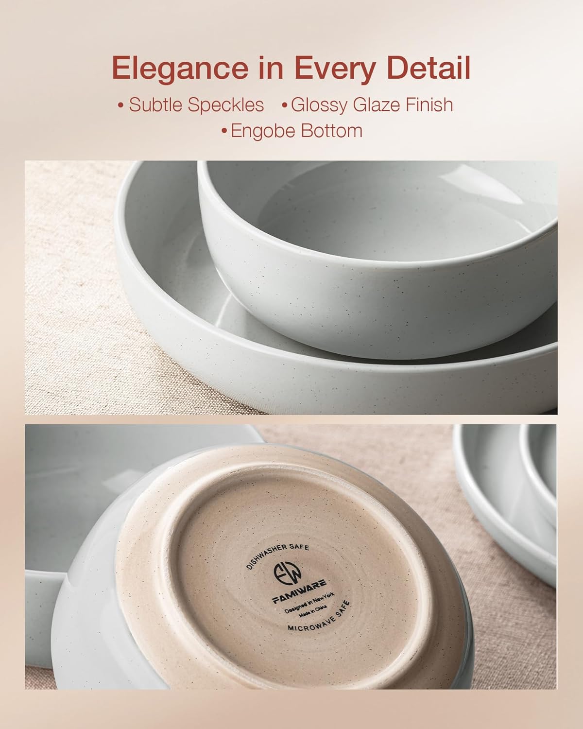 Famiware Milkyway Plates and Bowls Set, 18 Pieces Dinnerware Sets, Dishes Set for 6, Light Gray