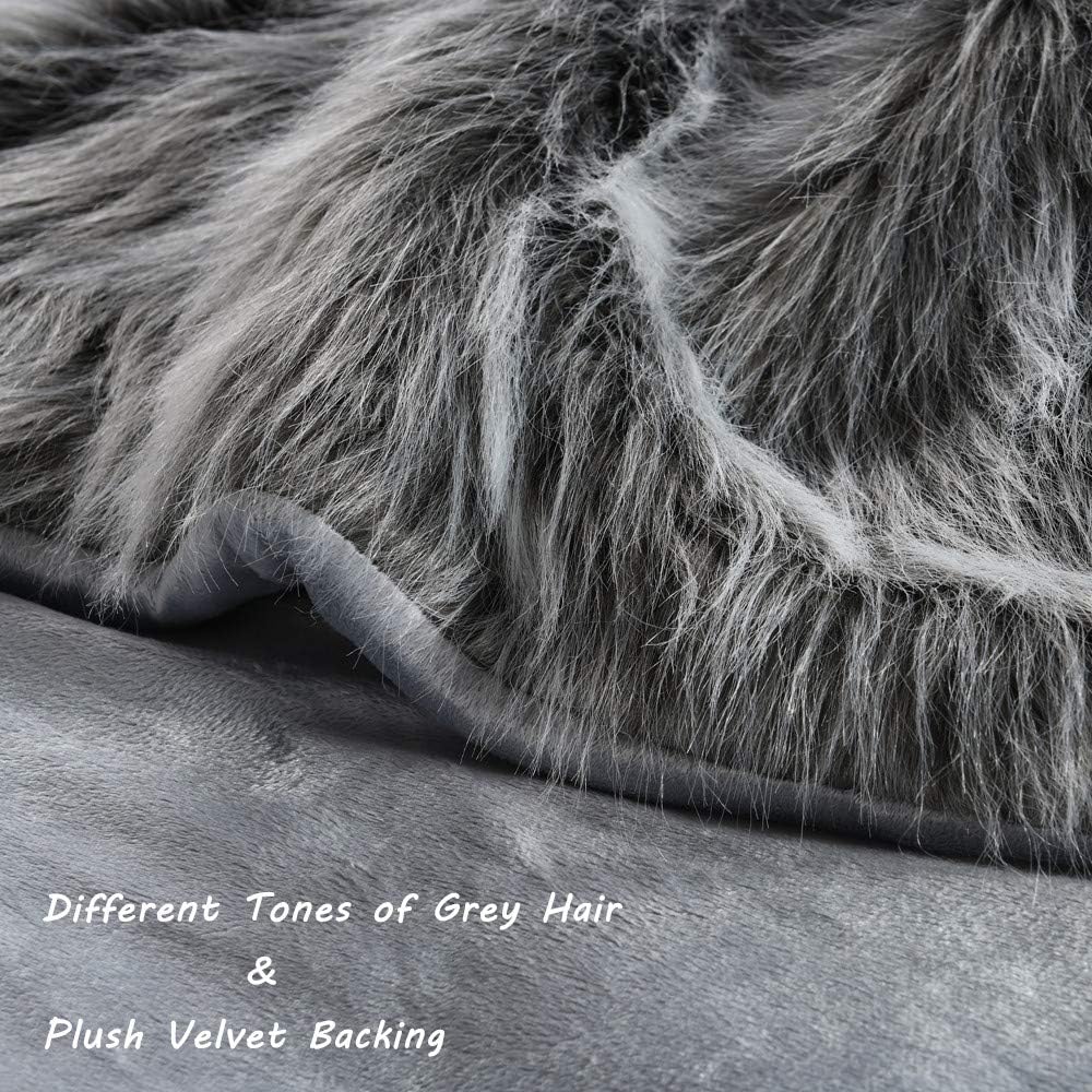 Luxury Faux Fur Throw Blanket, Grey and Black High Pile Mixed Throw Blanket, Super Warm, Fuzzy, Elegant, Fluffy Decoration Blanket Scarf for Sofa, Couch and Bed, 60''x 80''