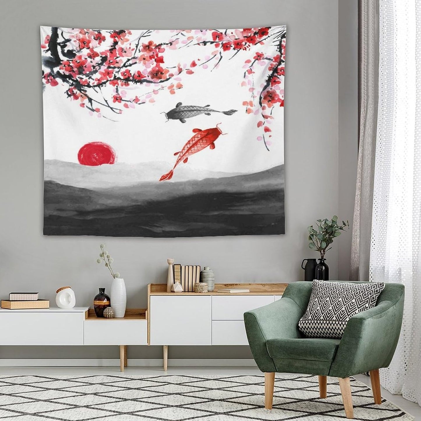 Houselerax Japanese Koi Fish Tapestries, Cherry Blossoms Asian Oriental Flower Branch Koi Fish Carp Tapestry Wall Hanging for Bedroom Living Room Office Decor 60"x50"