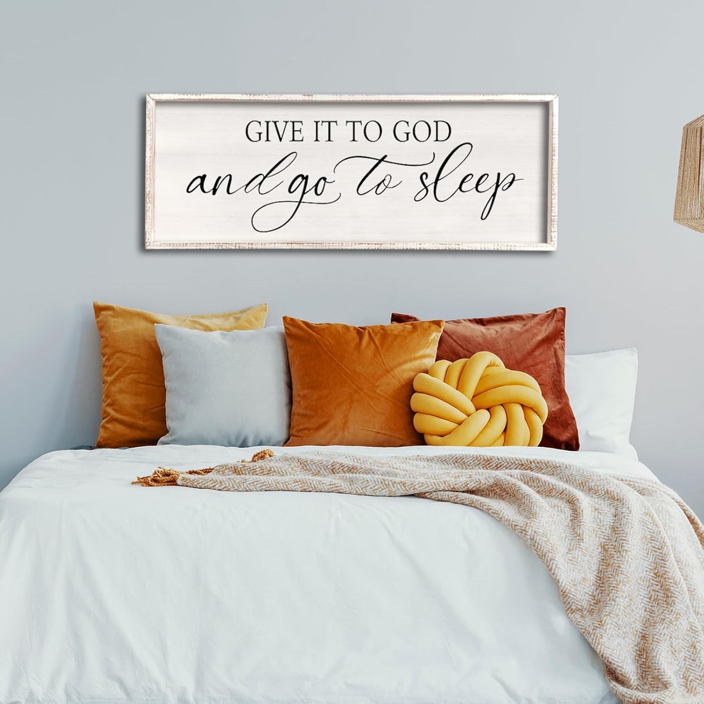 comurdyo Give It To God And Go to Sleep Sign 32''×12'' Master Bedroom Above Bed Wall Decor Wood Framed Couple Large Farmhouse Guest Room Rustic Simple Over Bedside Wall Art Hanging Decor (White)