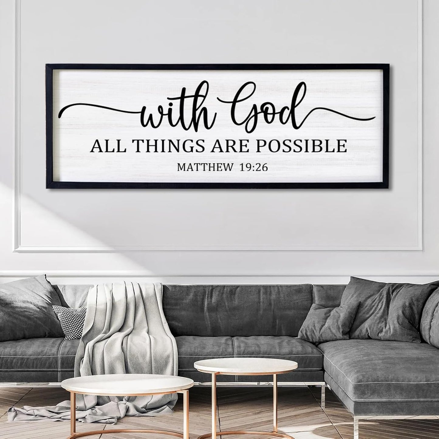 With God All Things are Possible Framed Wall Art, 40''×15'' Black Positive Religious Rustic Bible Verse for Christian God Jesus Christ Prayer, Holy Horizontal Inspirational Catholic Scripture Decor