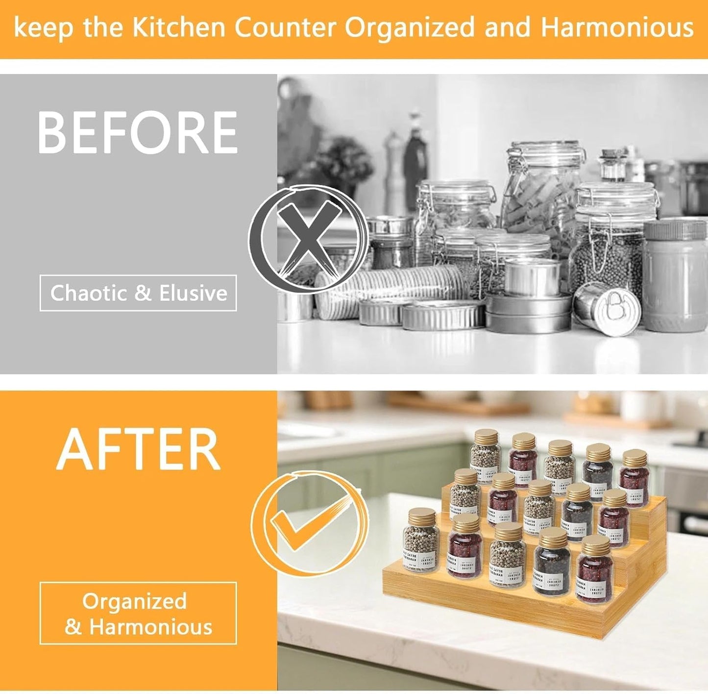 Spice Rack Organizer for Cabinet - Bamboo Spice Shelf, 3 Tier Seasoning Organizer for Countertop, Kitchen, Pantry 2 Pack