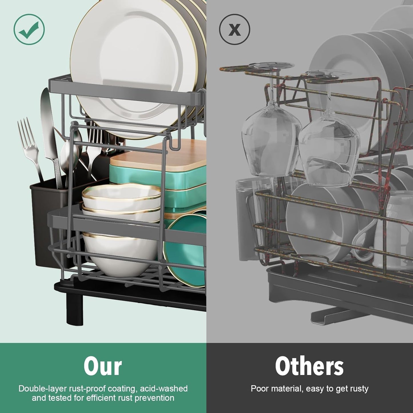 MOUKABAL Dish Drying Rack, 2 Tier Dish Rack, Large Dish Racks for Kitchen Counter, Dish Drainer with Removable Utensil Holder, Drainboard (Grey)