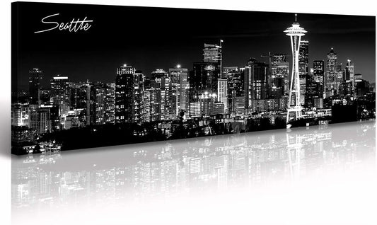Seattle City Skyline Wall Art Black and White Canvas Prints Panorama Cityscape Picture Night View Painting Poster Modern Artwork Home Decor for Office Living Room - Ready to Hang 13.8" x 47.3"