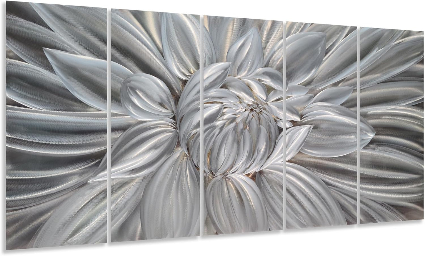 Yihui Arts Silver Metal Flower Wall Art, 5 Pieces Aluminum Artwork, Contemporary Botanical Sculpture for Living Room Bedroom Bathroom Decor
